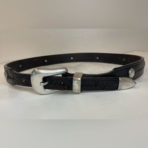 Vintage Western Dark Brown Leather Belt Silver Sterling Buckle Size 30”- 32”